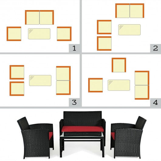 4 Pcs Wicker Conversation Furniture Set Patio Sofa and Table Set-Red