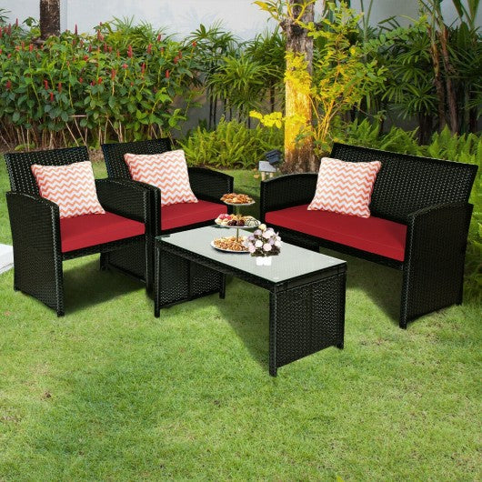 4 Pcs Wicker Conversation Furniture Set Patio Sofa and Table Set-Red