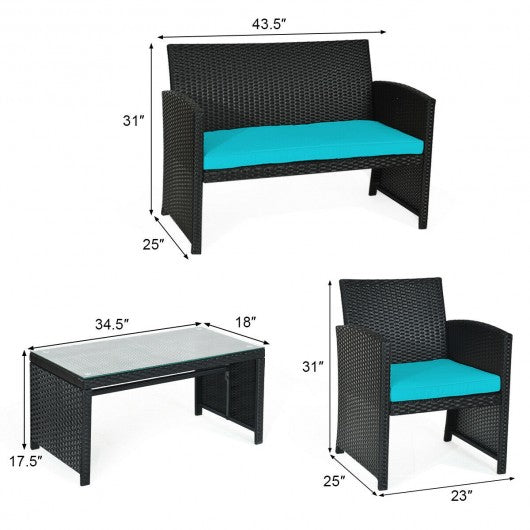 4 Pcs Wicker Conversation Furniture Set Patio Sofa and Table Set-Turquoise