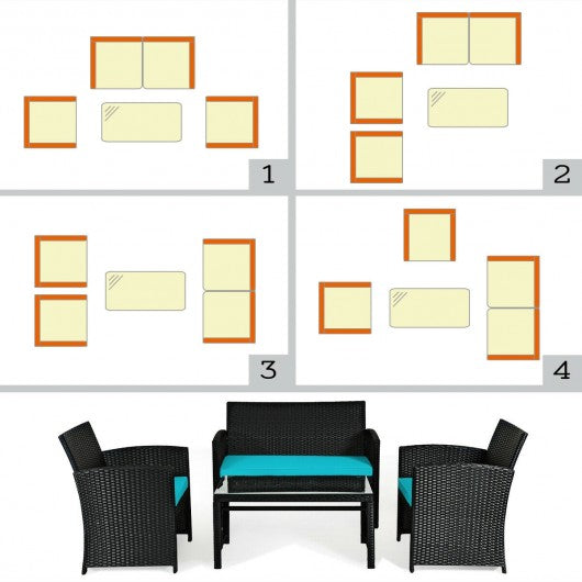4 Pcs Wicker Conversation Furniture Set Patio Sofa and Table Set-Turquoise