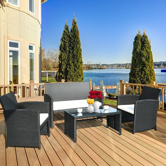 4 Pcs Wicker Conversation Furniture Set Patio Sofa and Table Set-White