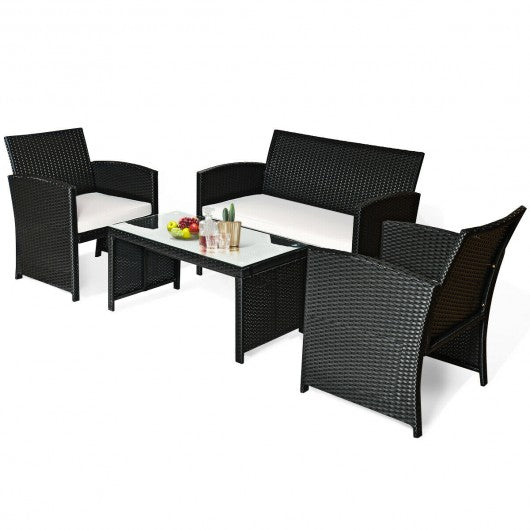 4 Pcs Wicker Conversation Furniture Set Patio Sofa and Table Set-White