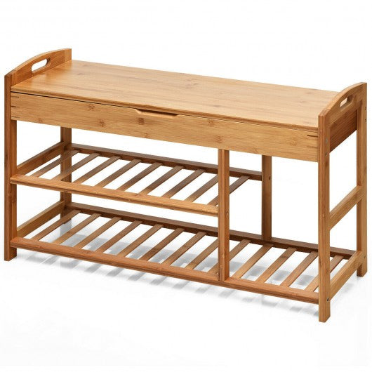 3-Tier Bamboo Shoe Bench Entryway Storage Rack-Beige
