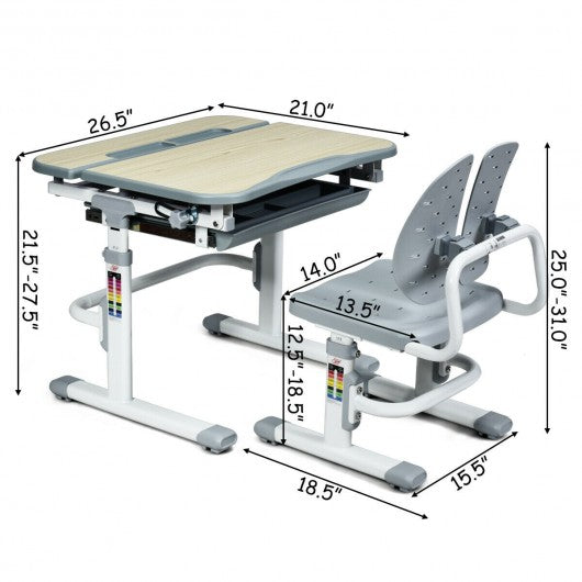 Height Adjustable Kids Study Desk and Chair Set-Gray