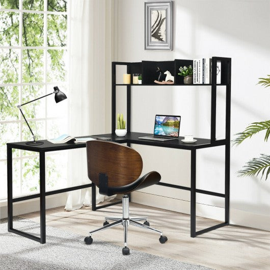 Industrial L-Shaped Desk Bookshelf 55" Corner Computer Gaming Table-Black