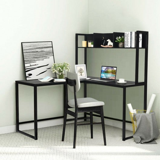Industrial L-Shaped Desk Bookshelf 55" Corner Computer Gaming Table-Black