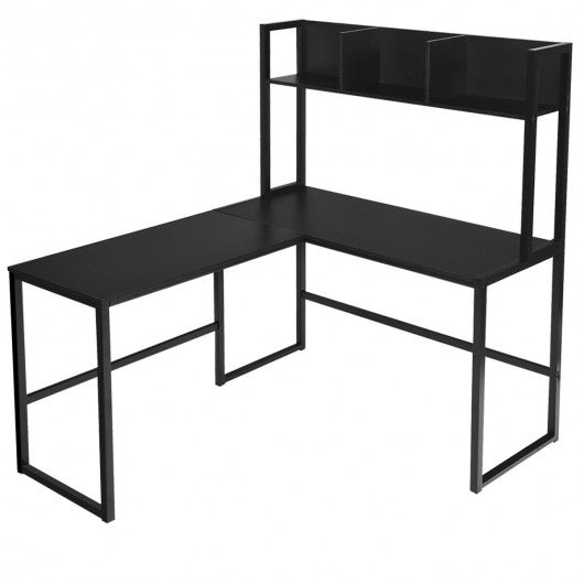 Industrial L-Shaped Desk Bookshelf 55" Corner Computer Gaming Table-Black
