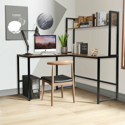 Industrial L-Shaped 55" Corner Computer Gaming Table with Bookshelf-Coffee