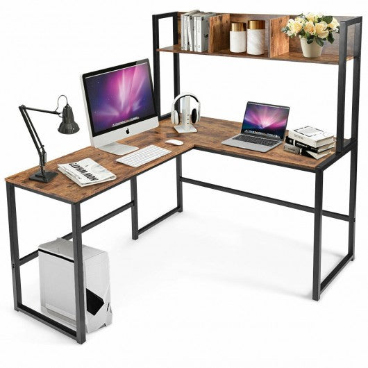 Industrial L-Shaped 55" Corner Computer Gaming Table with Bookshelf-Coffee