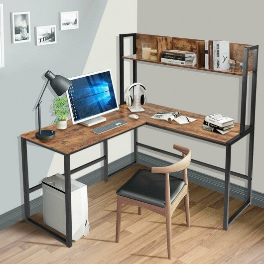 Industrial L-Shaped 55" Corner Computer Gaming Table with Bookshelf-Coffee