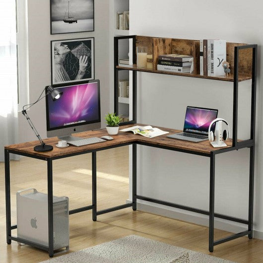 Industrial L-Shaped 55" Corner Computer Gaming Table with Bookshelf-Coffee