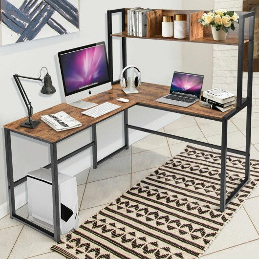 Industrial L-Shaped 55" Corner Computer Gaming Table with Bookshelf-Coffee