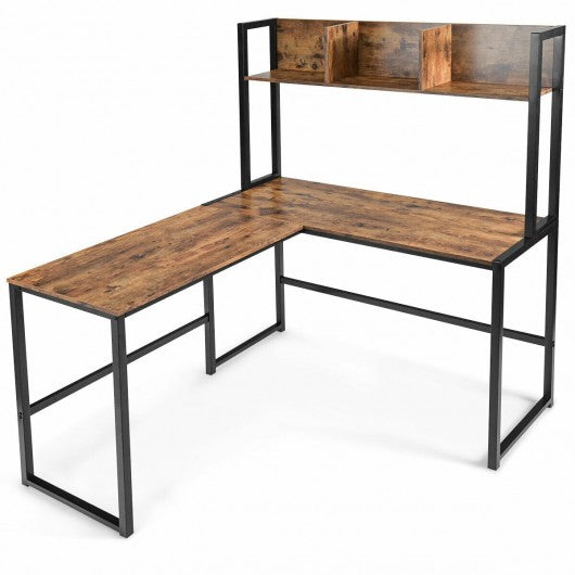 Industrial L-Shaped 55" Corner Computer Gaming Table with Bookshelf-Coffee