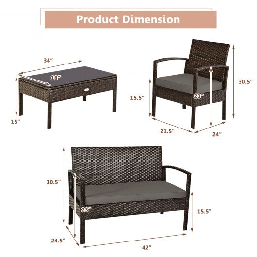 4 PCS Patio Rattan Cushioned Furniture Set -Brown