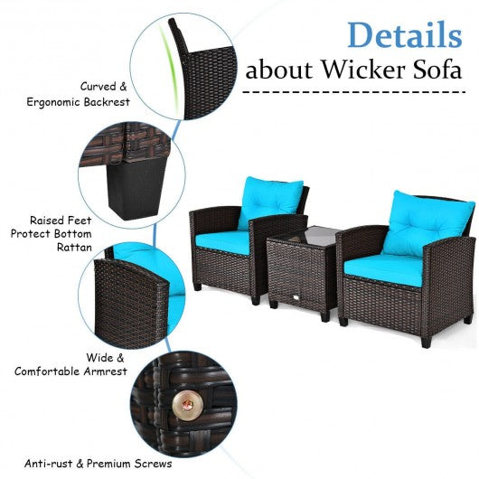 3 Pcs Patio Rattan Furniture Set Cushioned Conversation Set Coffee Table-Turquoise