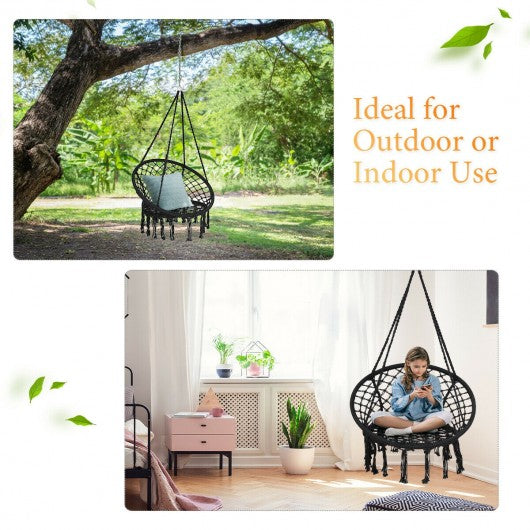Hanging Macrame Hammock Chair with Handwoven Cotton Backrest-Black