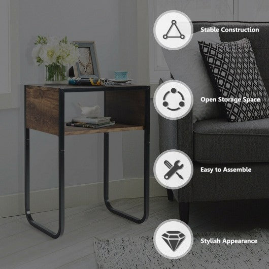 Industrial Coffee Nightstand Side Table with Metal Rustic Frame