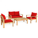 4 Pieces Patio Acacia Wood Thick Cushion Loveseat Sofa Set-Red