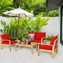 4 Pieces Patio Acacia Wood Thick Cushion Loveseat Sofa Set-Red