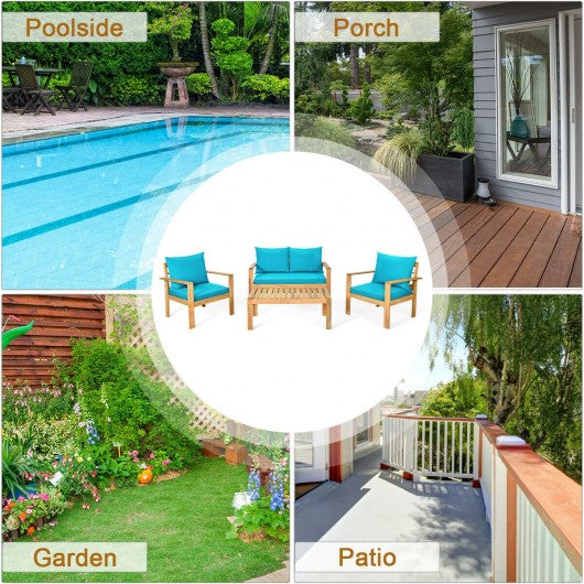 4 Pieces Patio Acacia Wood Thick Cushion Loveseat Sofa Set-Turquoise
