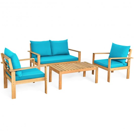 4 Pieces Patio Acacia Wood Thick Cushion Loveseat Sofa Set-Turquoise