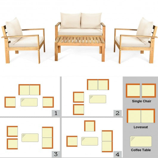 4 Pieces Patio Acacia Wood Thick Cushion Loveseat Sofa Set-White