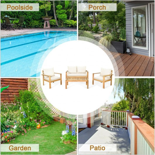 4 Pieces Patio Acacia Wood Thick Cushion Loveseat Sofa Set-White