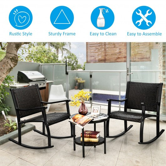 3 Pcs Patio Rattan Furniture Set with Coffee Table and Rocking Chairs