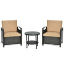 3Pcs Patio Rattan Furniture Set Cushioned Sofa Storage Table with Shelf Garden