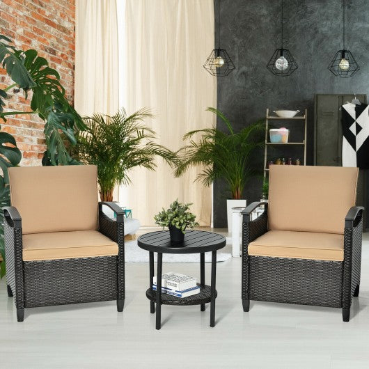 3Pcs Patio Rattan Furniture Set Cushioned Sofa Storage Table with Shelf Garden