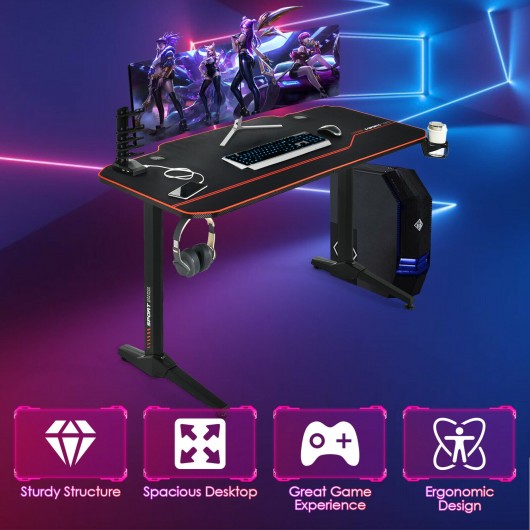55" T-Shaped Gaming Desk with Full Desk Mouse Pad and Gaming Handle Rack