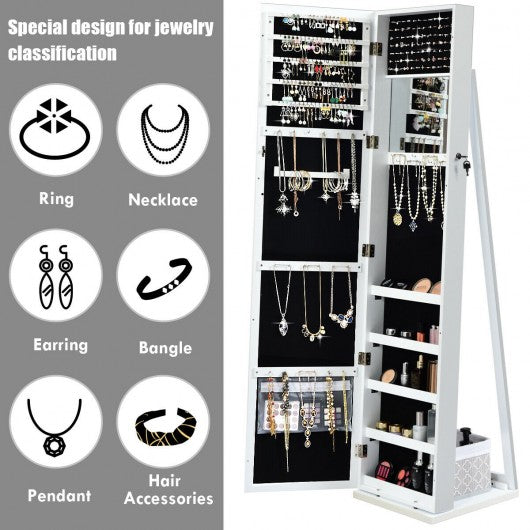 Mirrored Lockable Standing Jewelry Storage Organizer-White