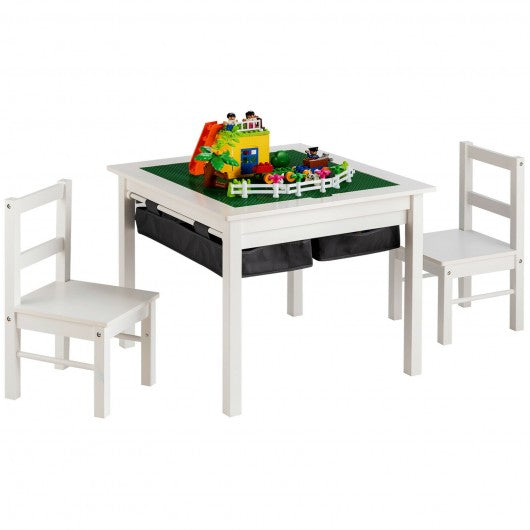 5-in-1 Kids Activity Table and 2 Chairs Set with Storage Building Block Table-White