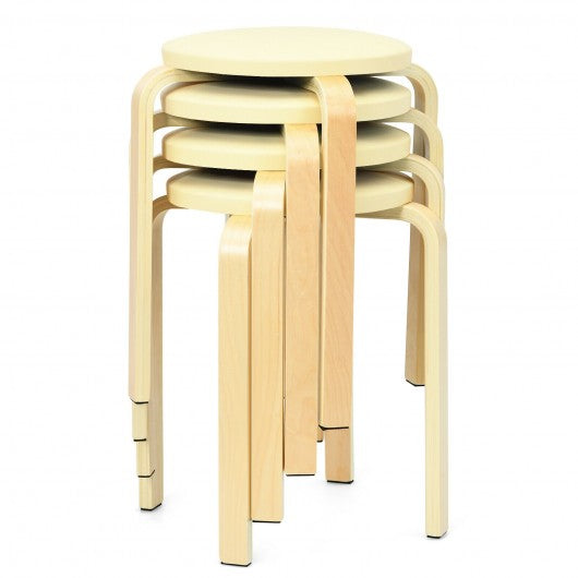 Set of 4 Bentwood Round Stool Stackable Dining Chair with Padded Seat-Beige