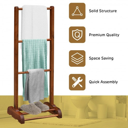 3-Bar Acacia Wood Freestanding Bathroom Towel Rack  with Bottom Storage Shelf-Brown