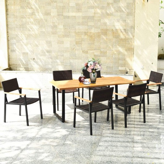 7 Pcs Outdoor Patio Rattan Dining Furniture Table Set with Wicker Chairs