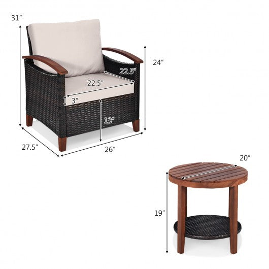 3 Pcs Solid Wood Frame Patio Rattan Furniture Set-Beige