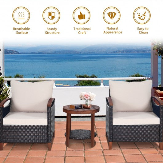 3 Pcs Solid Wood Frame Patio Rattan Furniture Set-Beige