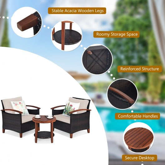3 Pcs Solid Wood Frame Patio Rattan Furniture Set-Beige