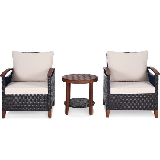 3 Pcs Solid Wood Frame Patio Rattan Furniture Set-Beige
