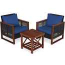 3 Pcs Patio Wicker Furniture Sofa Set with Wooden Frame and Cushion