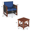3 Pcs Patio Wicker Furniture Sofa Set with Wooden Frame and Cushion