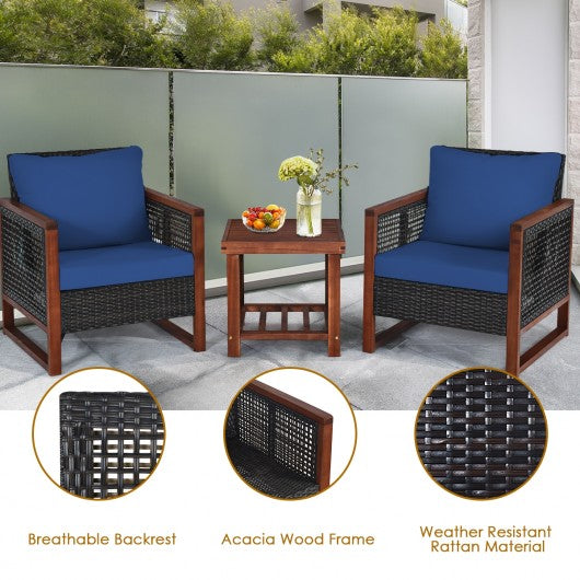 3 Pcs Patio Wicker Furniture Sofa Set with Wooden Frame and Cushion