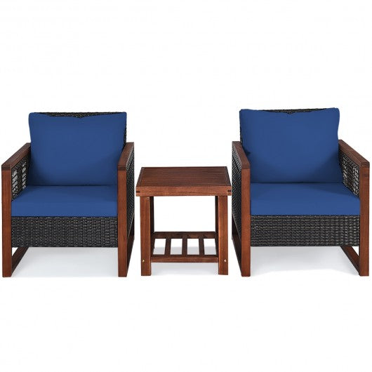 3 Pcs Patio Wicker Furniture Sofa Set with Wooden Frame and Cushion