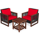 3 Pcs Patio Wicker Furniture Sofa Set with Wooden Frame and Cushion-Red