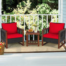 3 Pcs Patio Wicker Furniture Sofa Set with Wooden Frame and Cushion-Red