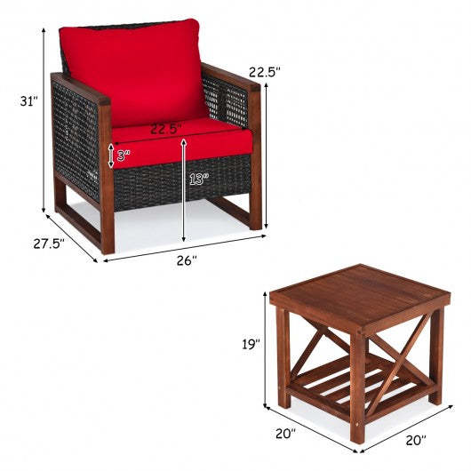 3 Pcs Patio Wicker Furniture Sofa Set with Wooden Frame and Cushion-Red