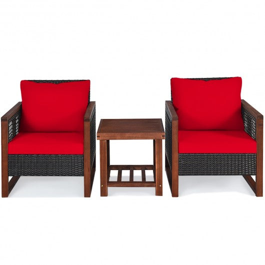 3 Pcs Patio Wicker Furniture Sofa Set with Wooden Frame and Cushion-Red