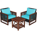 3 pcs Patio Wicker Furniture Sofa Set with Wooden Frame and Cushion-Turquoise