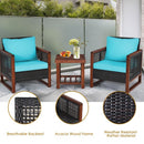 3 pcs Patio Wicker Furniture Sofa Set with Wooden Frame and Cushion-Turquoise